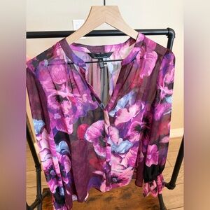 White House Black Market Floral Blouse - Purple and Pink